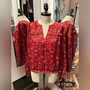 NWT LOFT Red Floral Women's Long Sleeve Popover Top with Tie Waist, Size Large